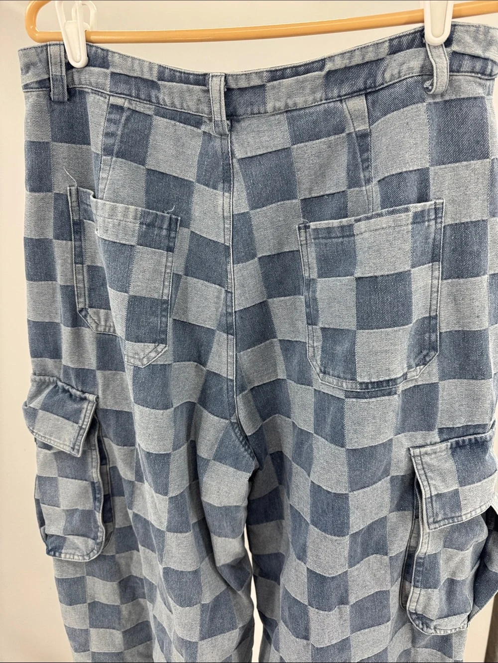 Bibi Checkerboard Denim Cargo wide leg barrel Jeans Pants Two-Tone Blue XL denim - Picture 3 of 11